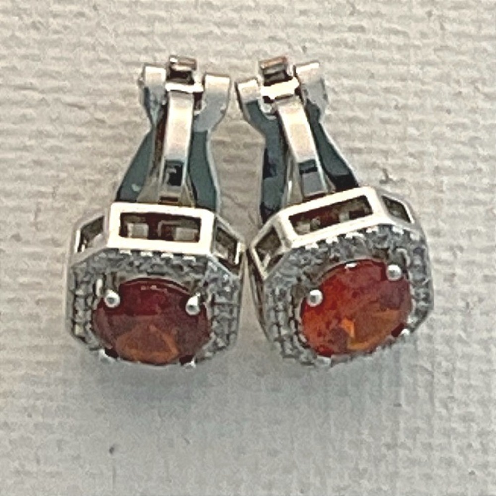 Earrings Silver Tone Orange Faux Garnet CZ Halo Hinged Clip-on Elegant New